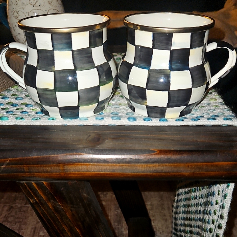 Vintage Makenzie Childs Courtly Check Enamel Mugs Set Of 2